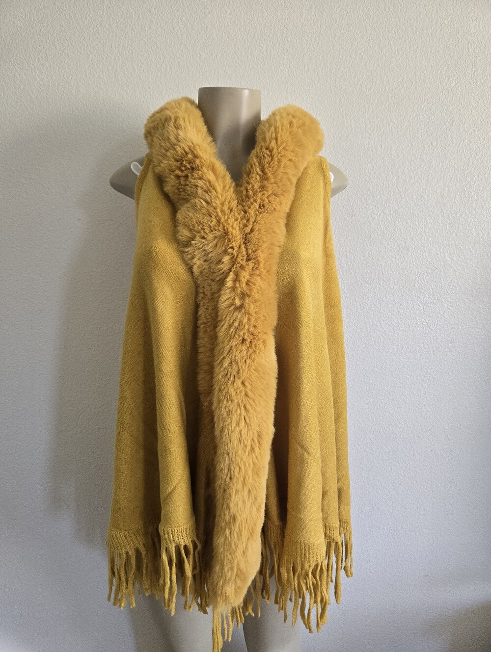 Mustard Faux Fur-Trim Vest Wrap